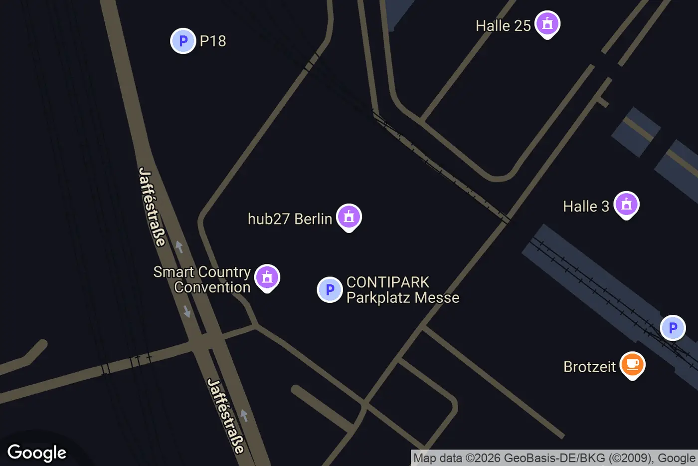 Map of hub27 Berlin on Jafféstraße, with Halle 25 and Halle 3 nearby.